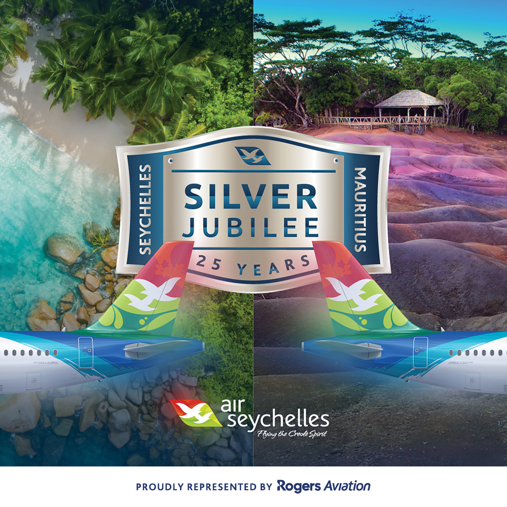 Aerial view of a plane flying over the turquoise waters of the Indian Ocean, symbolizing the enduring partnership between Rogers Aviation and Air Seychelles in the aviation industry for 25 years.